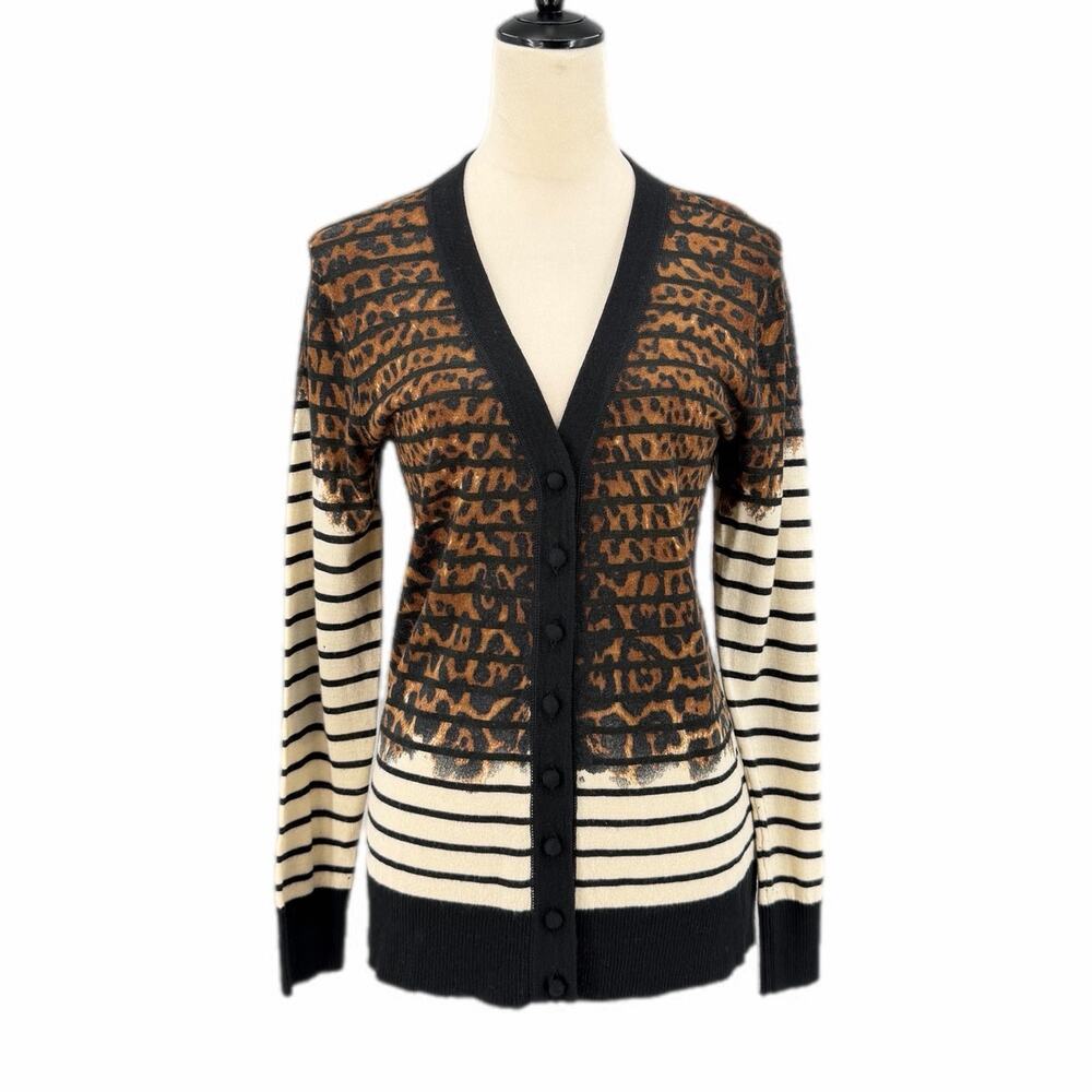 Antonio Melani NEW Black White Stripe Animal Print Wool Blend Academia Cardigan